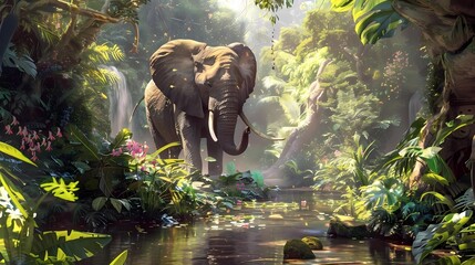 Elephant in the jungle, 3D render of an elephant in the jungle, Generative AI illustrations.