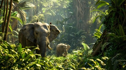 Elephants in the tropical forest, Animal in the jungle, Generative AI illustrations.