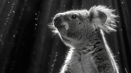 Fototapeta premium A koala gazes to the side in this monochrome image, revealing its face with one ear lifted