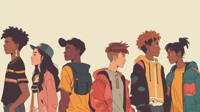 Diverse Group of Animated Teens Hanging Out Together