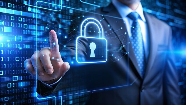 Businessman in suit touching a padlock icon with his finger.