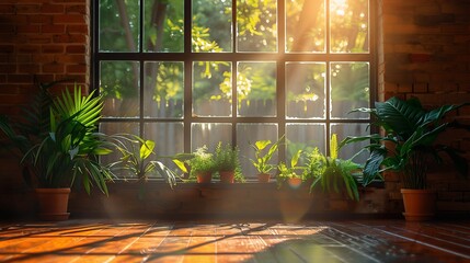 Green plant on wooden table near window, sunlight streaming in, fresh leaves and flowers in vase indoors.