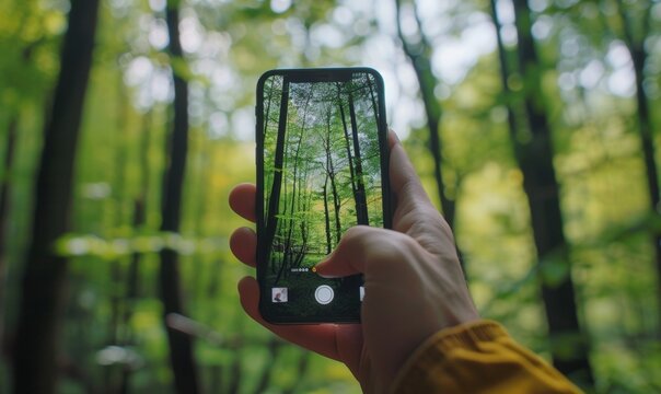 A Hand Holding a Smartphone With The Camera On To Identify Plants, Forest In The Background, Daylight, Plant Identification App