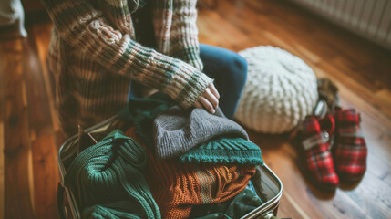 Young woman unpacking her warm clothes from suitcase 