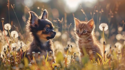 A puppy Chihuahua and a kitten standing together on a grass field with flowers - obrazy, fototapety, plakaty