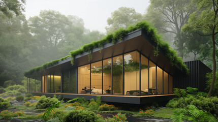 A modern house with a green roof and large windows is surrounded by trees.

