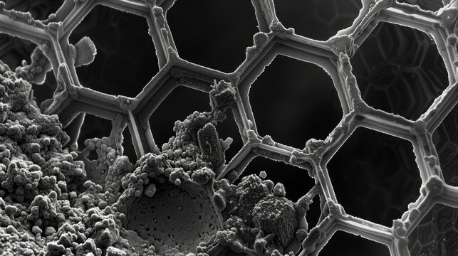 An electron microscope image of a graphene transistor with minute details of its structure visible at an atomic level. The hexagonal pattern of graphene atoms is clearly visible