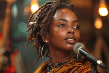 Close-up of an African female singer with dramatic lighting looking away from the camera