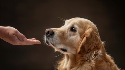 A lovely golden retriever looks at the hand of its owner