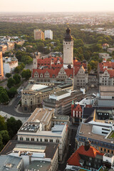 Aerial view of Leipzig with the spire of the 'Neue Rathaus', Saxony, Germany at sunset