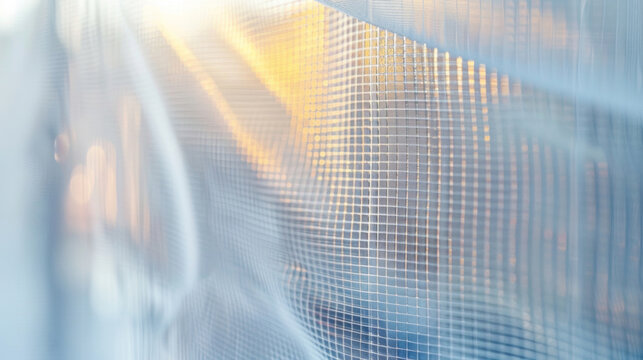 A closeup of a thin transparent panel with tiny grooves etched into its surface. This unique material has been engineered to manipulate sound waves allowing for the creation