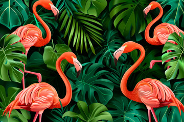 A modern bright background with pink flamingos and tropical leaves. pattern, print