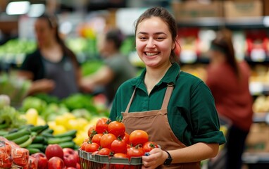smiling supermarket employee presenting fresh tomatoes in the produce section.