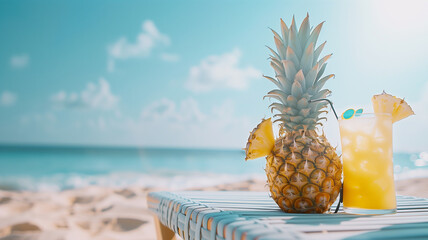 Pineapple cocktail on the beach with sea and blue sky background - Powered by Adobe