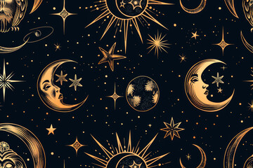 Bright background for wallpaper and packaging with stars, sun and moon