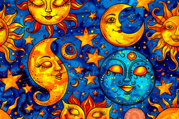 Bright background for wallpaper and packaging with stars, sun and moon