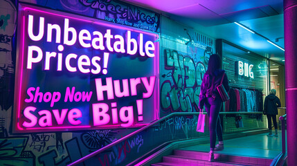 An electrifying neon green canvas with eye-catching pink text "Unbeatable Prices! Hurry, Shop Now and Save Big!"