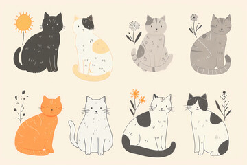 Bright background for wallpaper and packaging with cute hand-drawn cats