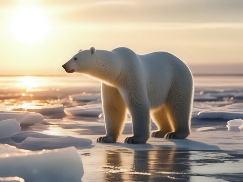 A polar bear stands on a broken piece of ice in the Arctic Ocean with the sun shining behind it.