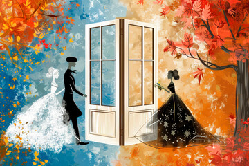 Bright background for wallpaper and packaging in autumn, doors and vintage people silhouettes