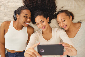 Women, selfie and friends smile in a home with profile picture, social media and happy at...