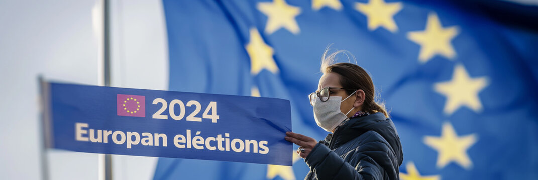 A woman in a mask with a European Union EU flag background - Powered by Adobe
