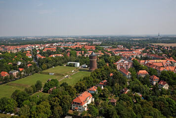 Aerial view of the Zweinaundorf district of Leipzig, Saxony, Germany at sunset - obrazy, fototapety, plakaty