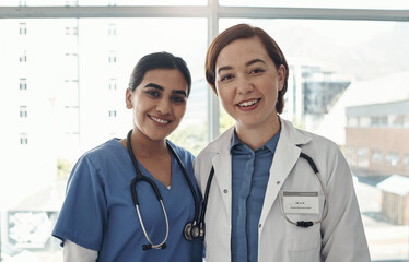 Portrait, women and doctors in hospital, teamwork and confidence with pride, medical and...