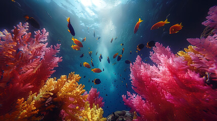 The vibrant world of the underwater world. Colorful coral and colored fish on the ocean floor.