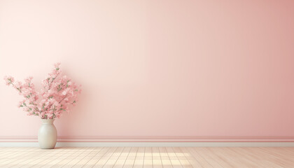 Delicate pink flowers in a vase against a pink wall background 3D rendering