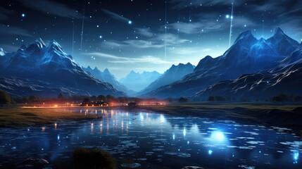A beautiful landscape with mountains, a lake, and a starry night sky.