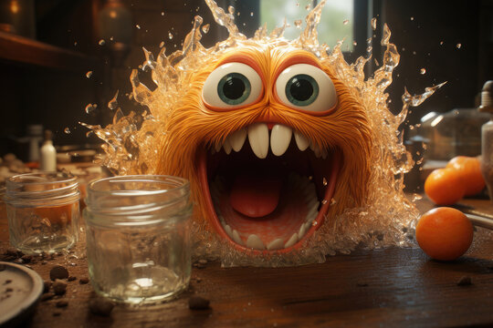 A cartoon orange character with a big open mouth and a surprised expression, sitting on a table.
