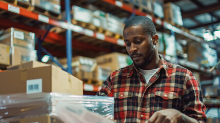 African man checking boxes while working inside a warehouse - Warehouse stock administration - Model by AI generative