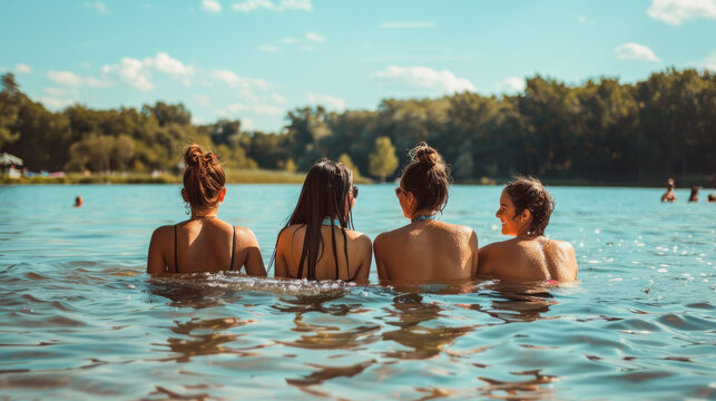 Group of happy female friends having fun swimming in lake during summer vacation - Girls and holiday concept - Models by AI generative