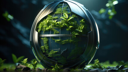 A metallic sphere covered in plants and moss sits in a forest setting.