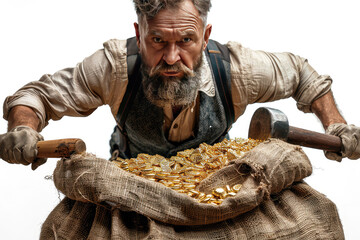 A portrait of a greedy man with a sack full of gold coins. - obrazy, fototapety, plakaty