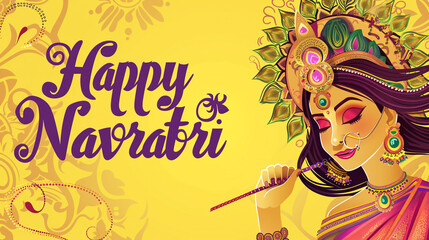 An auspicious yellow background adorned with "Happy Navratri" in intricate, purple typography