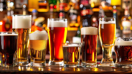 Large selection of beers on the bar counter. Light and dark beer with foam stands on the bar counter in a bar.