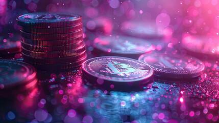 A stack of silver Bitcoin coins with a pink and blue neon glow.