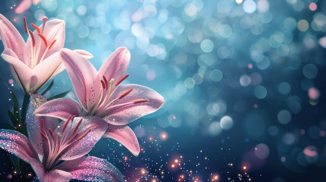 Beautiful light pink lily flower on decorative sparkling blur background with copy space as wallpaper illustration, Elegant Light Pink Glitter Flower