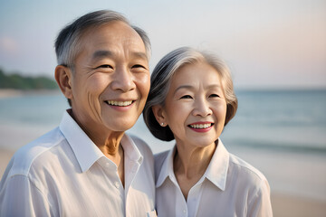 An elderly Asian couple happily watching the sea on the beach.