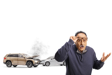 Shocked mature man witnessing a car accident