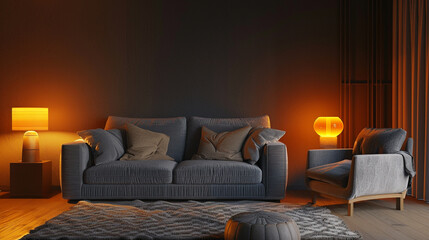 Living room interior including a comfortable grey sofa, an armchair, and soft lighting