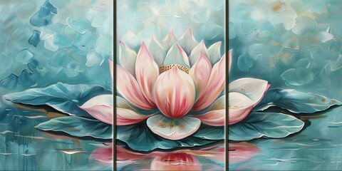 Spiritual beauty depicted in a tri panel art featuring a pink and white lotus in turquoise waters