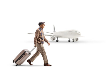 Full length profile shot of an elderly man pulling a suitcase and walking towards an airplane