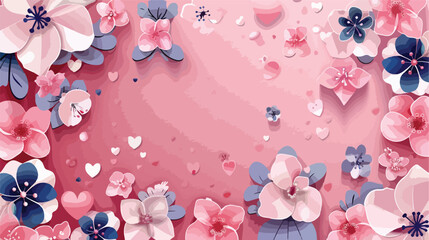 Beautiful flowers and decorative hearts on pink backg