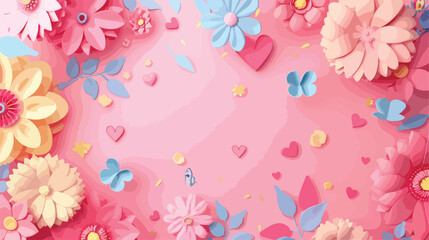 Beautiful flowers and decorative hearts on pink backg