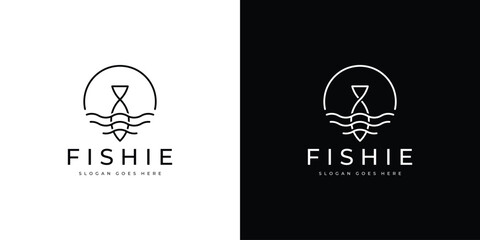 Simple Fishie Logo. Fish, Fishing, Ocean, Sea, Wave with Linear Outline Style. Fish Line Logo Icon Symbol Vector Design Inspiration. - obrazy, fototapety, plakaty
