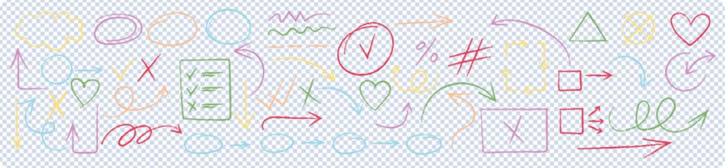 Set of Doodle sketch elements, Sketch line arrow element, Arrow, heart brush decoration. Vector illustration.