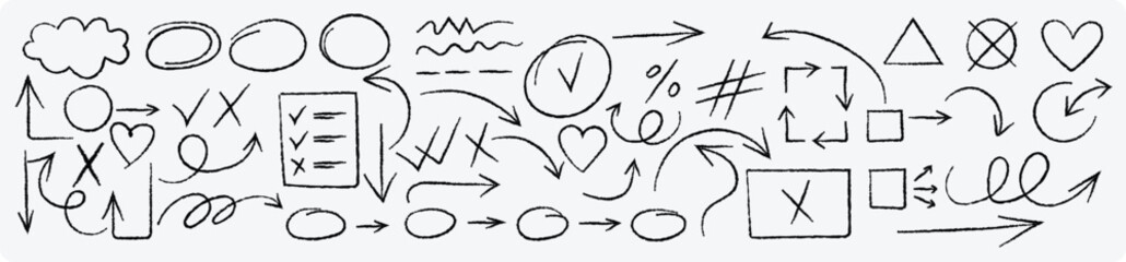 Set of Doodle sketch elements, Sketch line arrow element, Arrow, heart brush decoration. Vector illustration.
